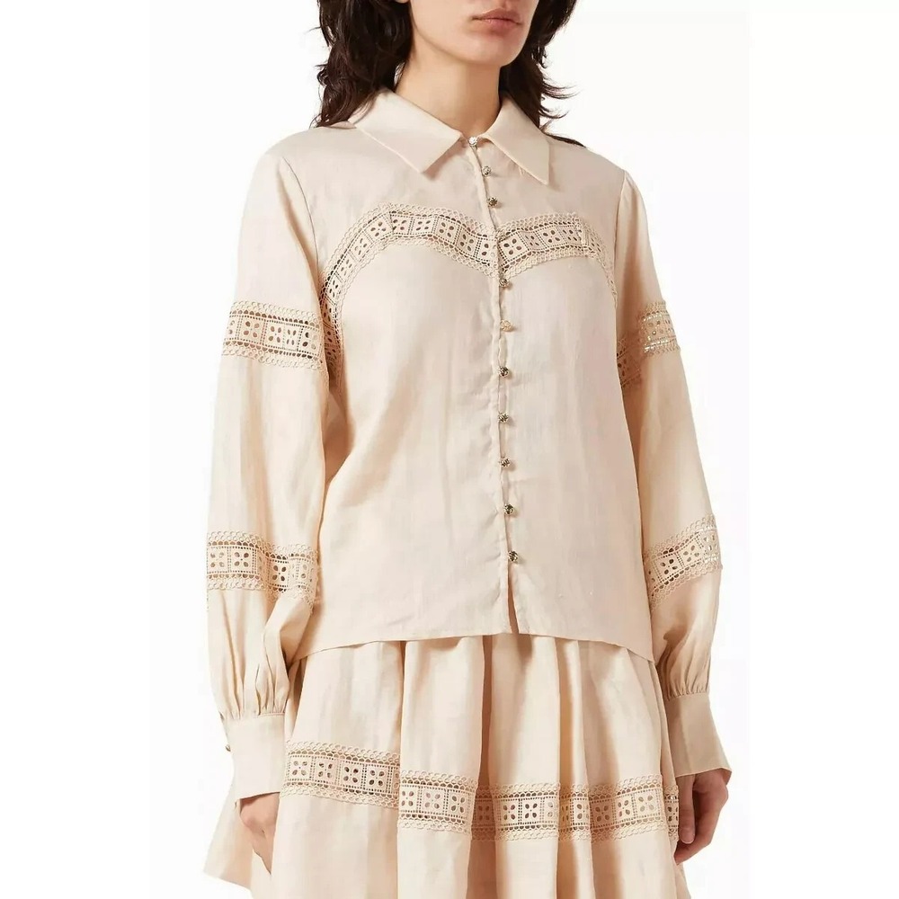 Keepsake Carrie Trim Shirt in Linen Button Up Long Sleeve Coral Sand Women Small